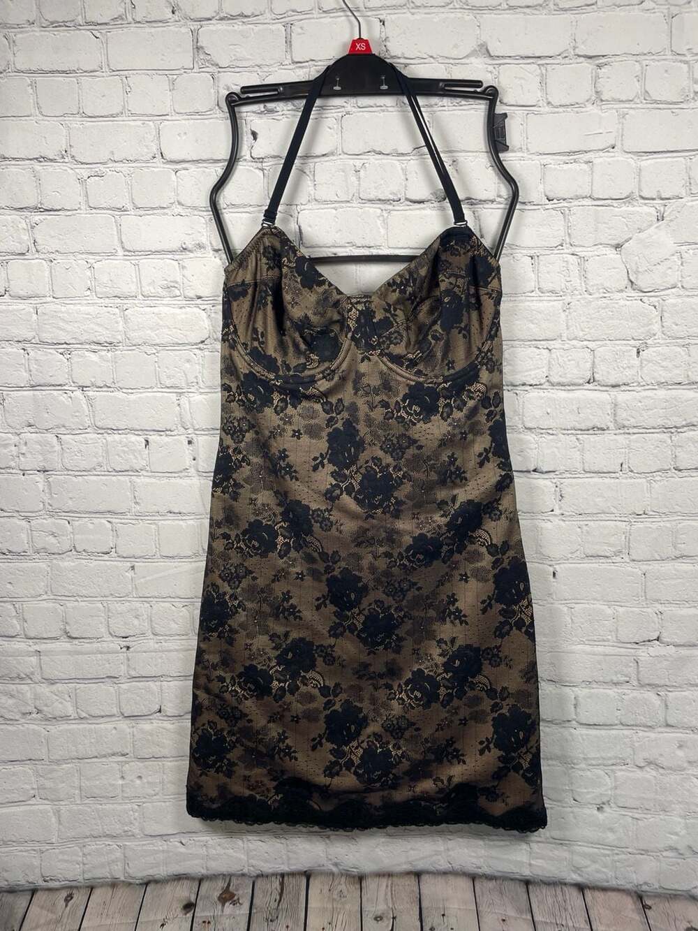 Lunaire Shapewear/Mini Dress Black and Tan Lace Bustier 38D